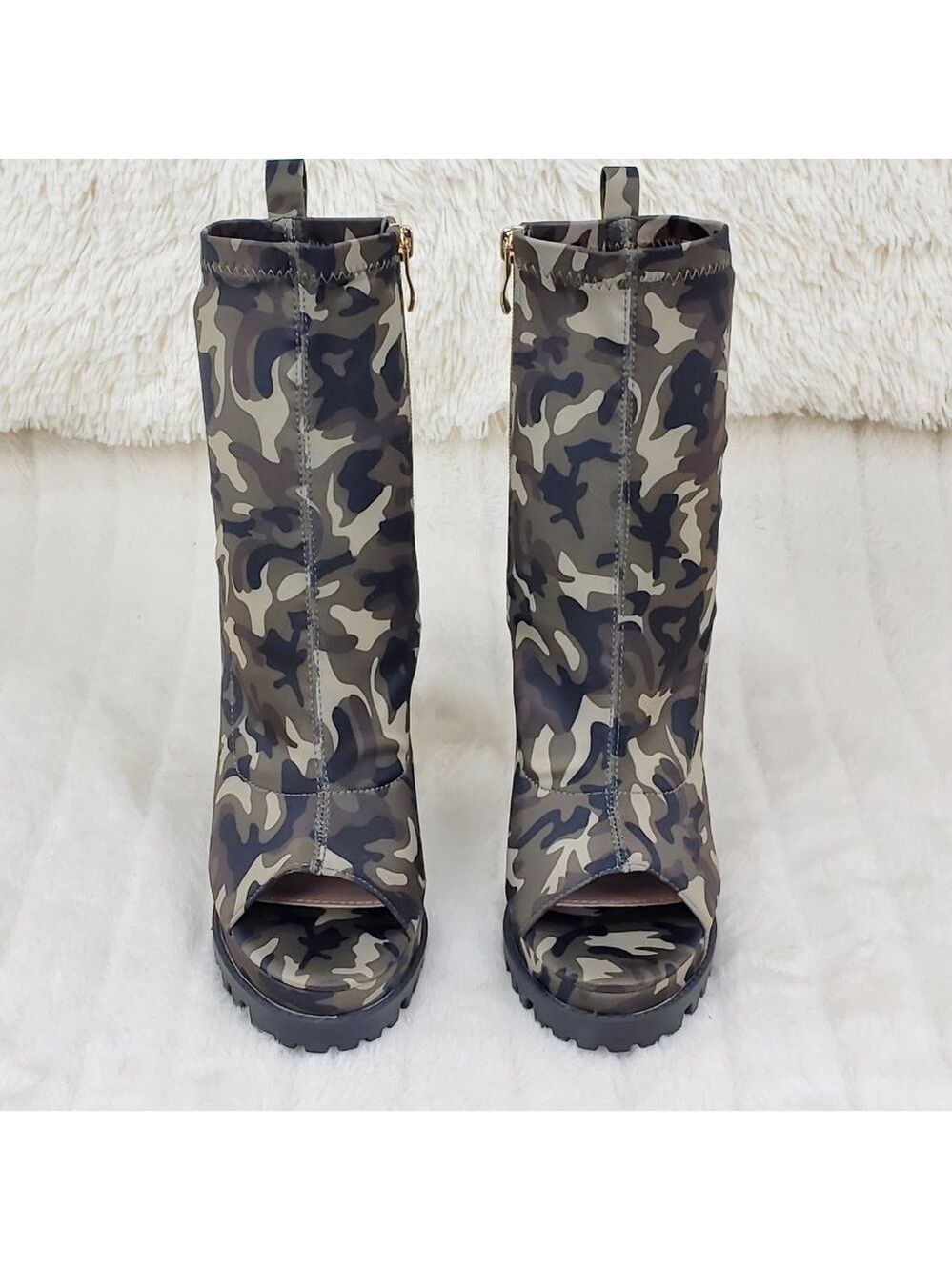 Natalie Camo Chunky Heel Stretch Open Toe Ankle Boots RESTOCKED - Picture 9 of 10